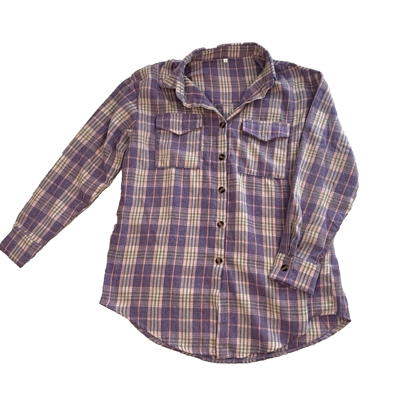 Purple Pink Plaid Flannel Button Down Shirt Womens Small Long Sleeve Shacket